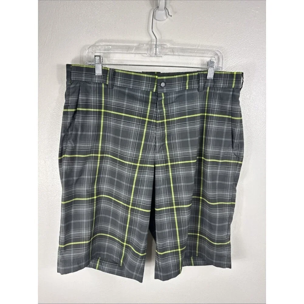 Nike Golf Men's‎ 36 Dri-Fit Performance Wear Shorts Gray Neon Yellow Plaid EUC